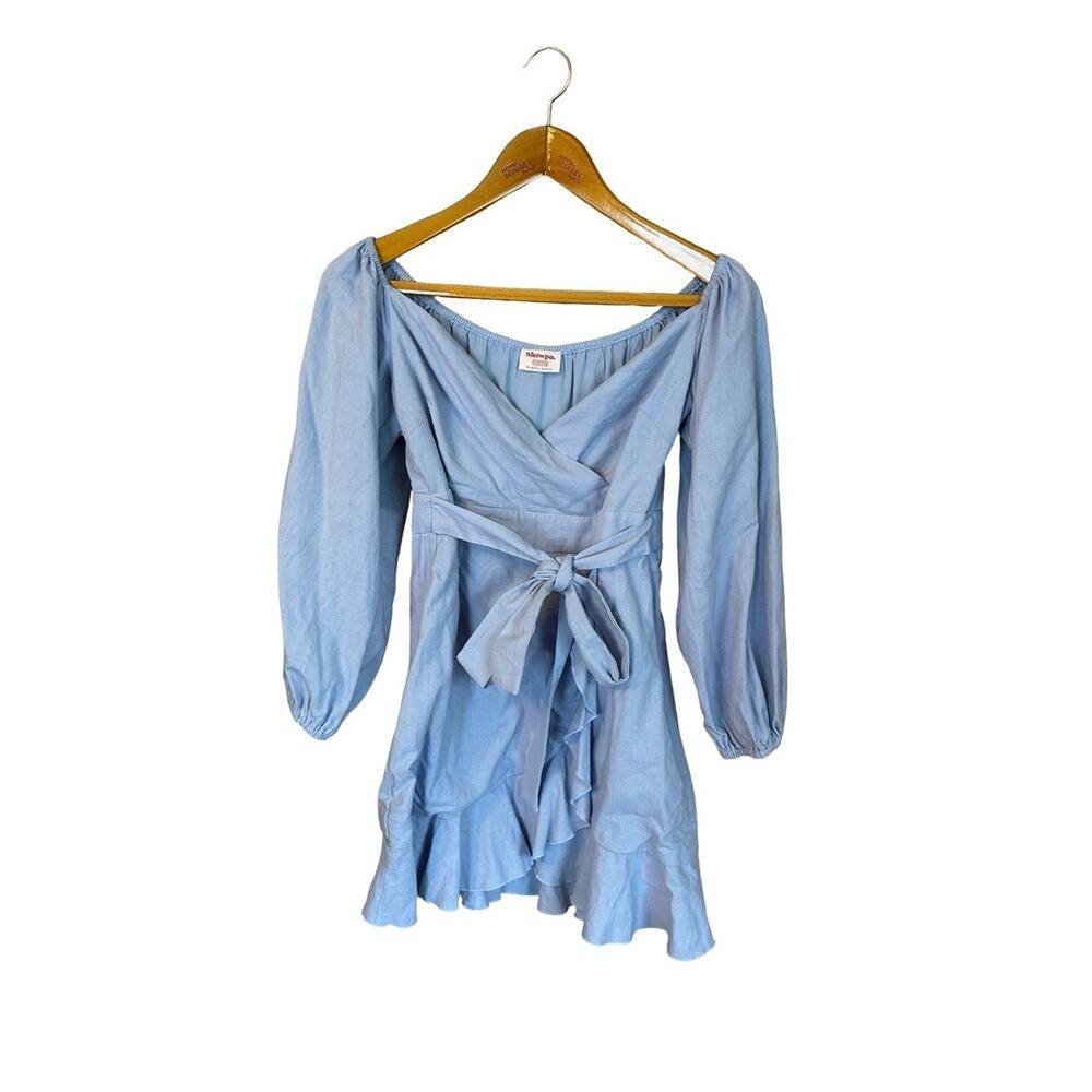 Showpo Can’t Move On Cotton Linen Off the Shoulder Ruffle Wrap Dress Blue Sz 6 - Picture 2 of 10
